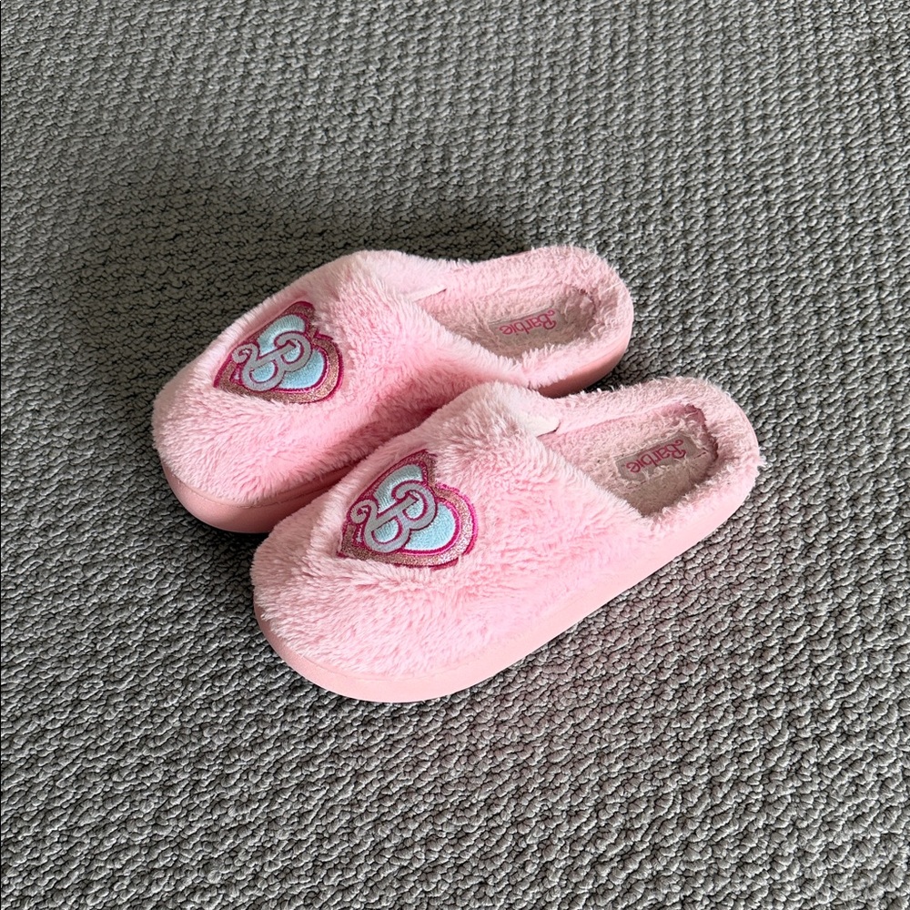 Barbie Pink Plush Women’s Slippers with Heart Patch